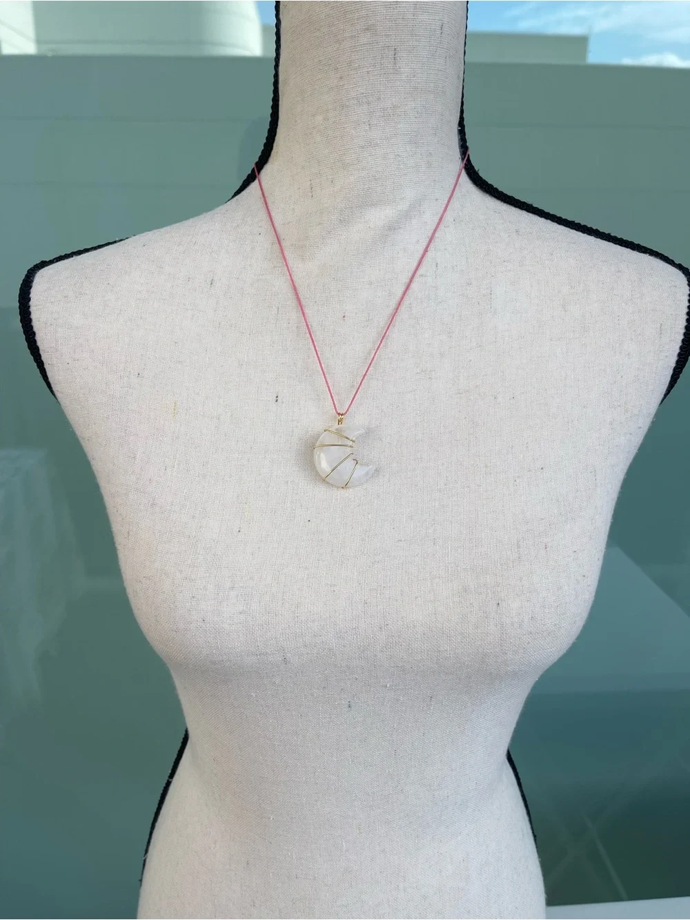 Clear Quartz Moon Gold Tone Wire Wrap on Pink Nylon Cord Handmade